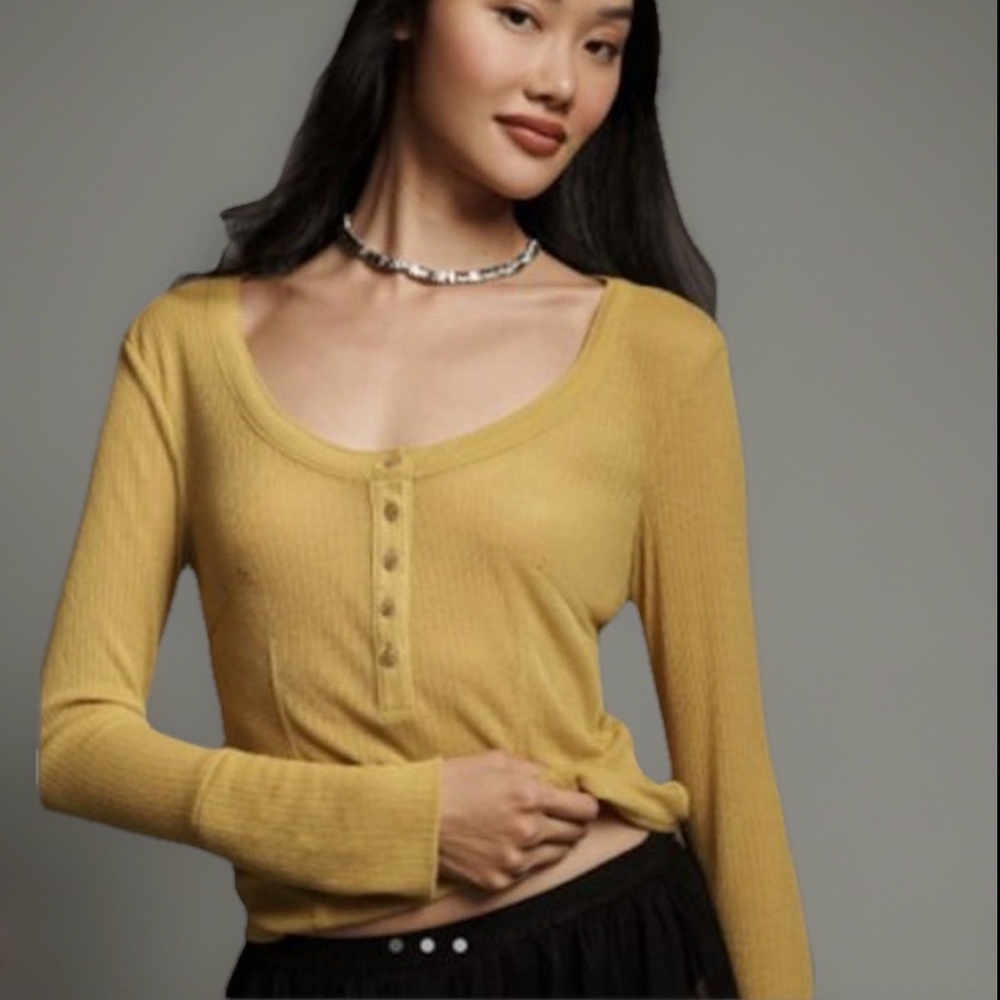 Pilcro Andie Ribbed Henley Long Sleeve Top Yellow Size Large Anthropologie Boho